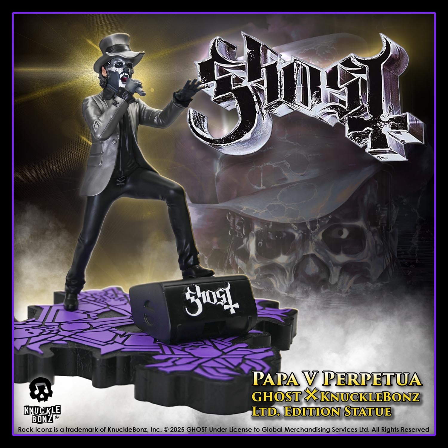 Statue of Papa V Perpetua from Ghost in a silver suit coat and top hat with a dark background